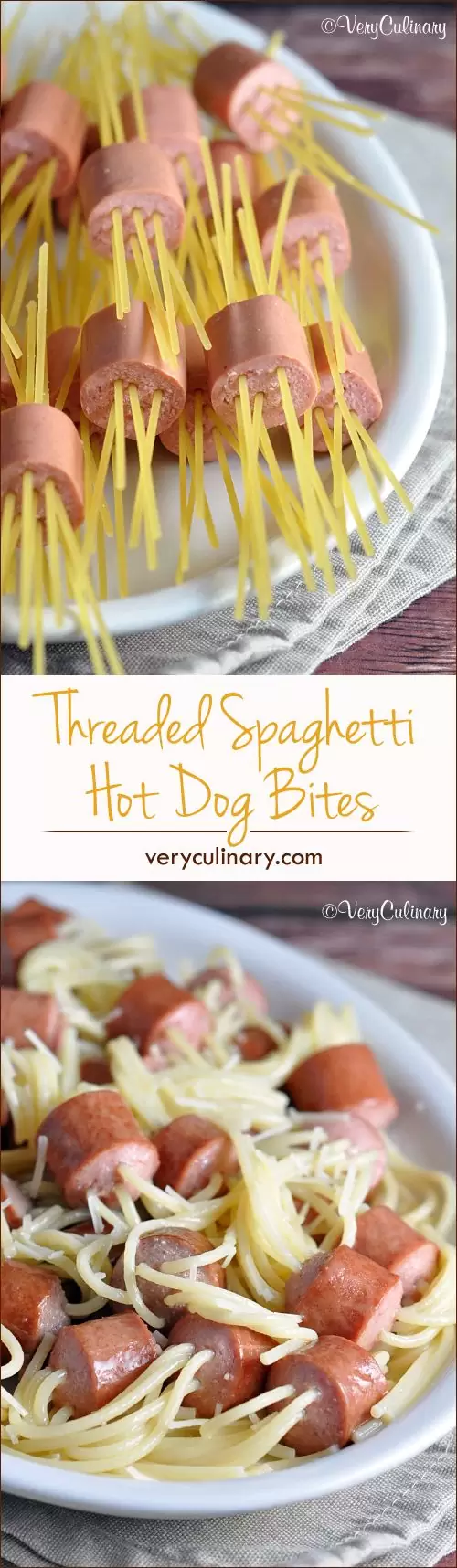 Threaded Spaghetti Hot Dog Bites by Very Culinary