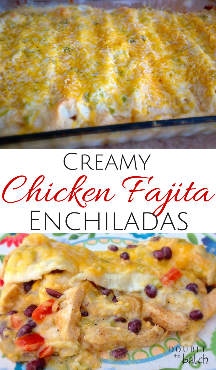 If Fajitas married Creamy Chicken Enchiladas, this would be the amazing of their love! Creamy Chicken Fajita Enchiladas by Doublethebatch