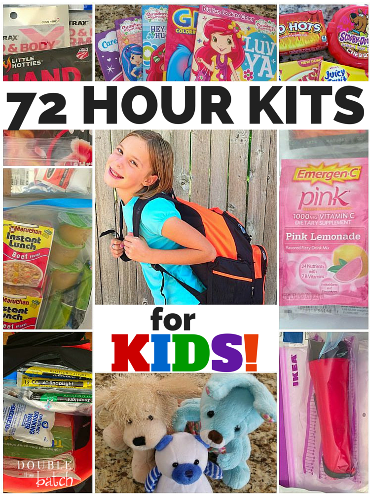 This has some great ideas for the unique needs of kids during an emergency. 72 hour kits for kids of all ages! #Doublethebatch