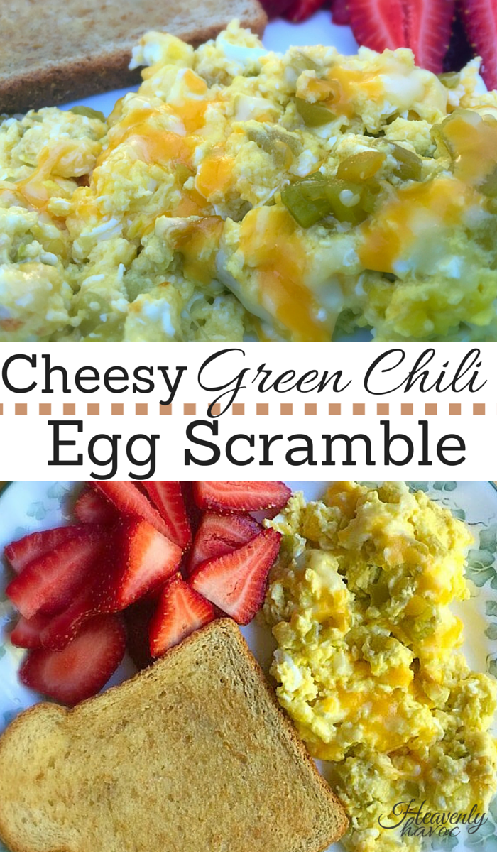 This Cheesy Green Chili Egg Scramble is one of my favorite recipes for breakfast! Omit the side of toast, and you have the perfect gluten free/low carb meal!