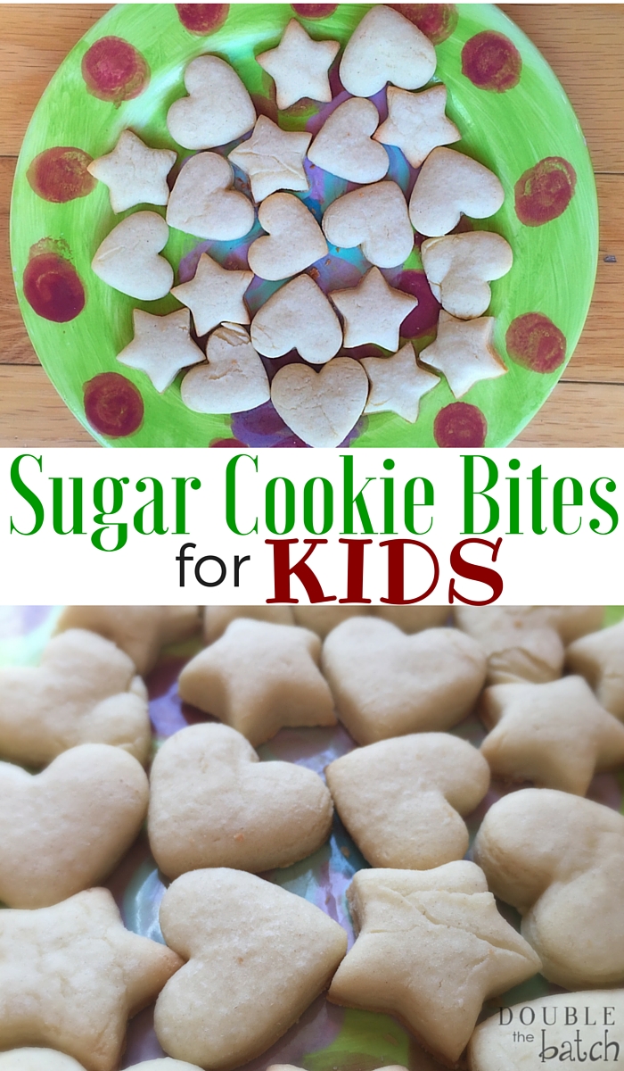 These sugar cookie bites are perfect to bag for a neighbor gift, or for a fun Christmas snack! No frosting or decorating necessary!