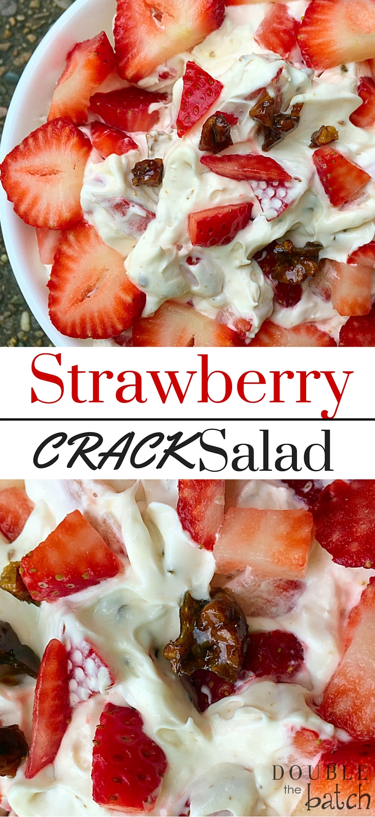 This is absolutely the BEST potluck dessert salad I have everh had! IF you love strawberries, then this strawberriy dessert salad with toffee will make your tastebuds sing!