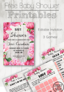 Free baby shower printables. Include an editable invitation and 3 great party games. Make hosting a baby shower easy and beautiful!