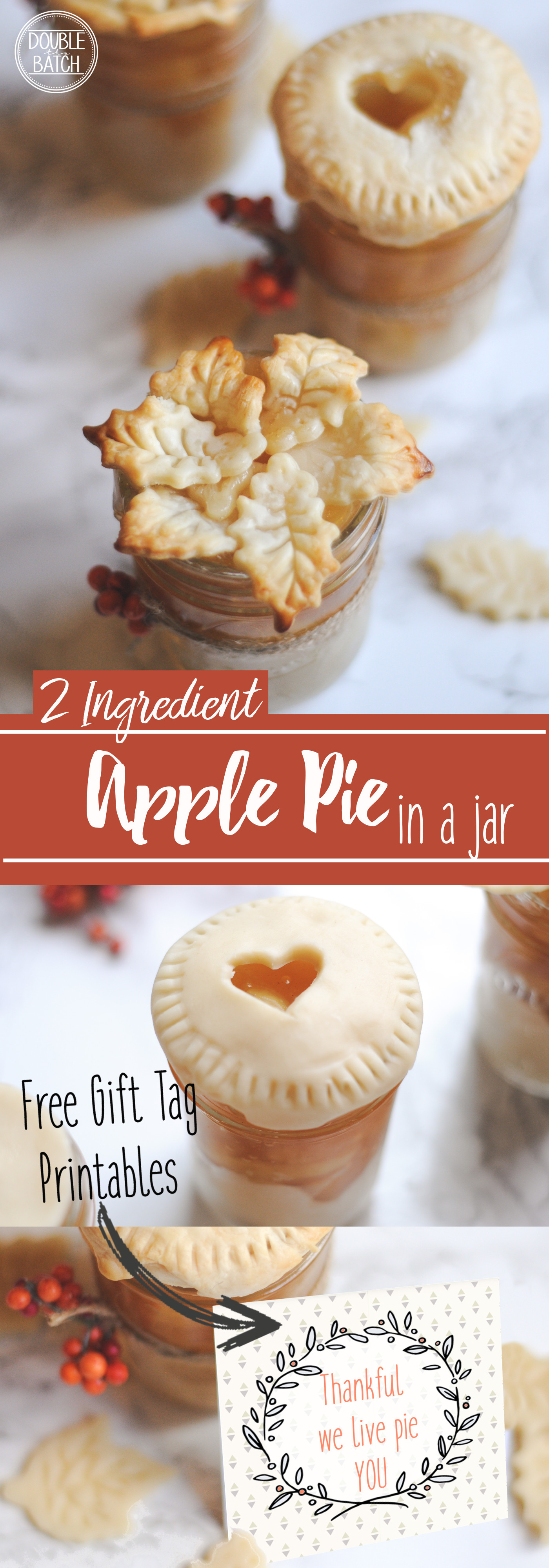 2 Ingredient apple pie in a jar. A perfect holiday gift idea with free printable gift tags included.