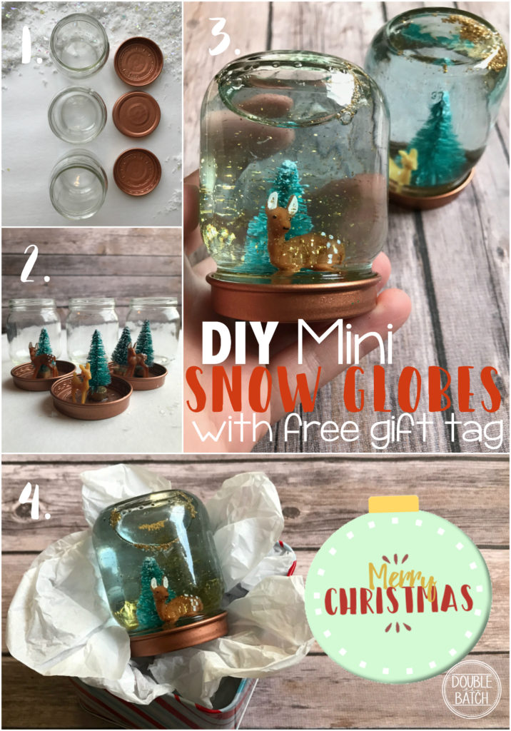 These DIY mini snow globes are perfect for when you need multiple affordable gifts to handout or accompany a Christmas gift basket. Easily made from baby food jars, glitter, and adorable mini Christmas figures. 