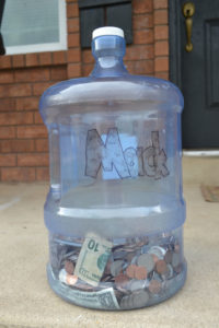coins, water container