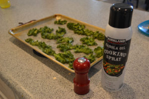 Kale, cookie sheet, cooking spray, salt, chips