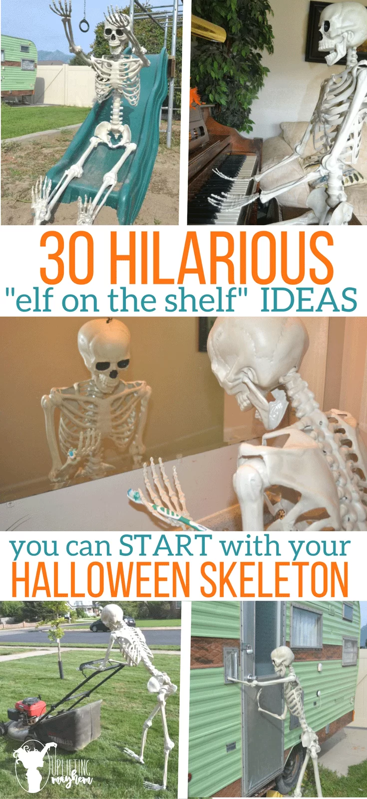 30 Hilarious "elf on the shelf" IDEAS you can start with your Halloween Skeleton. Great addition to your Halloween decoration! 