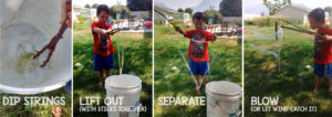 sticks, bucket, bubbles, boy