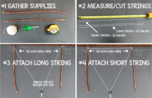 sticks, string, scissors, measuring tape, key