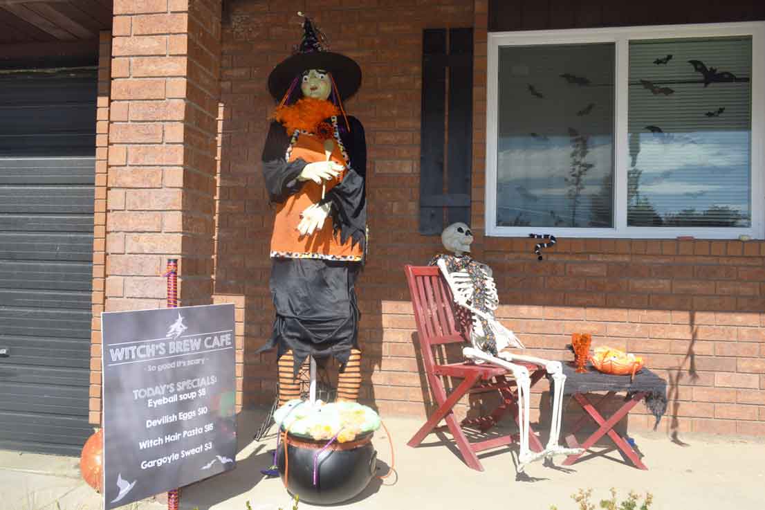 life size Halloween witch, skeleton, sign. Porch Decorations! 