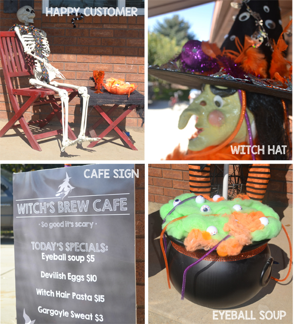 Skeleton, life size Halloween witch, cauldron, sign porch decorations