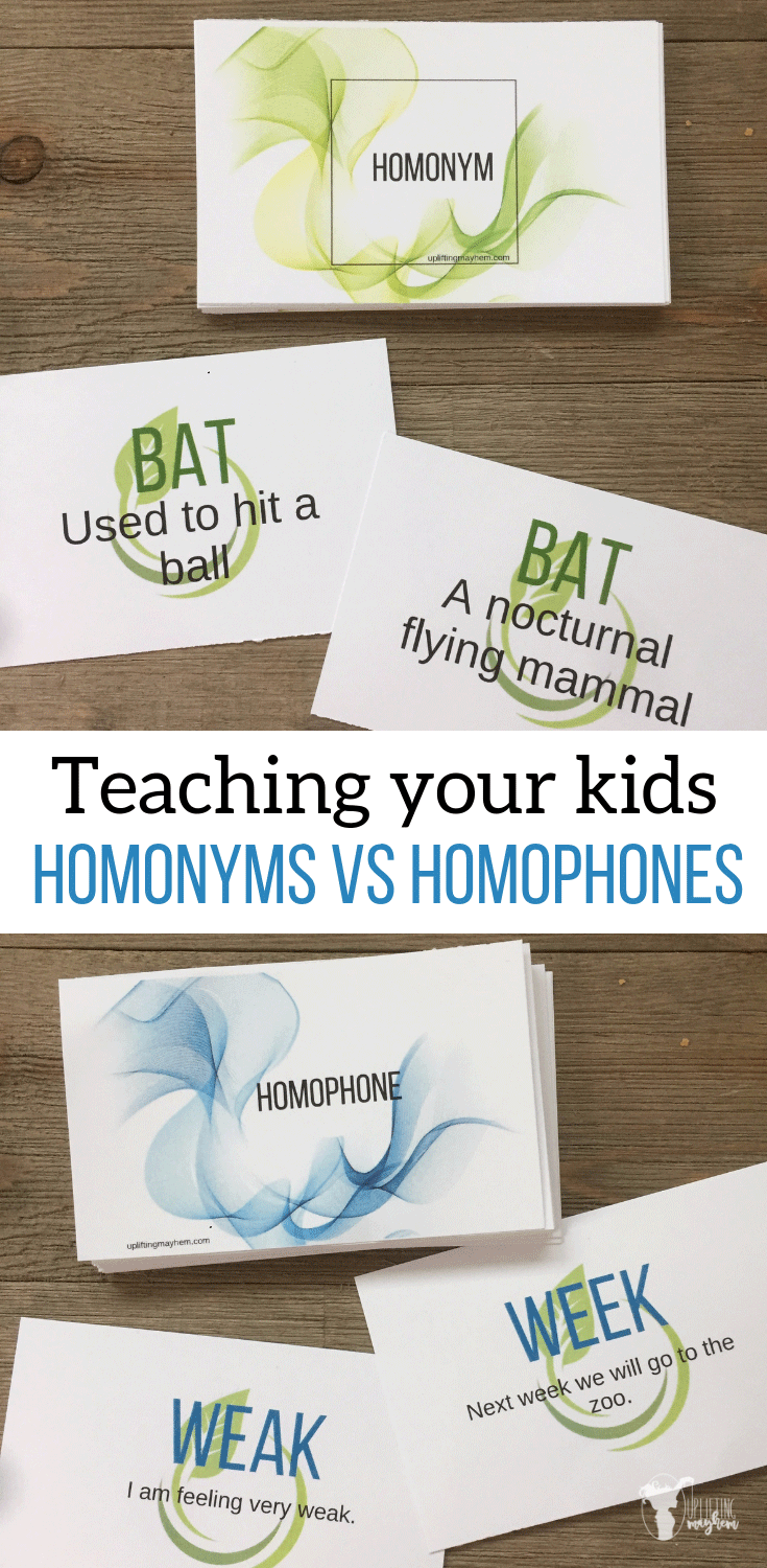 Homonyms vs Homophones can get confusing at times. Free printable with lots of examples of homophones and homonyms. Use daily in your homeschool and teach your kids what is the difference between a homonym vs homophone. 