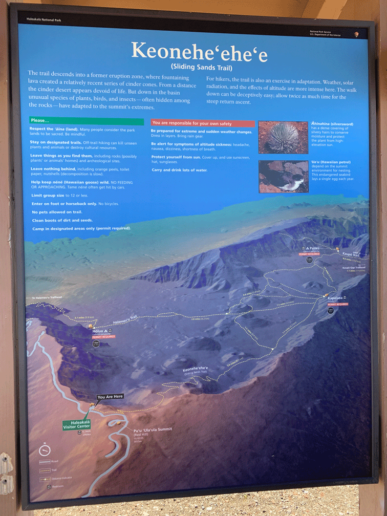 Mount Haleakala map of different hikes to each cylinder