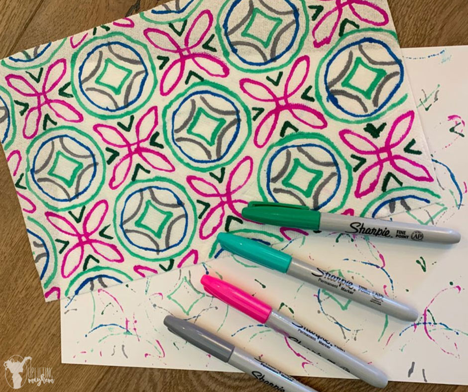 This geometric paper towel art activity will have your child busy and wanting more! The designs your child can create are endless! Each paper towel will look different. Great activity your child can do while you are reading aloud to them.