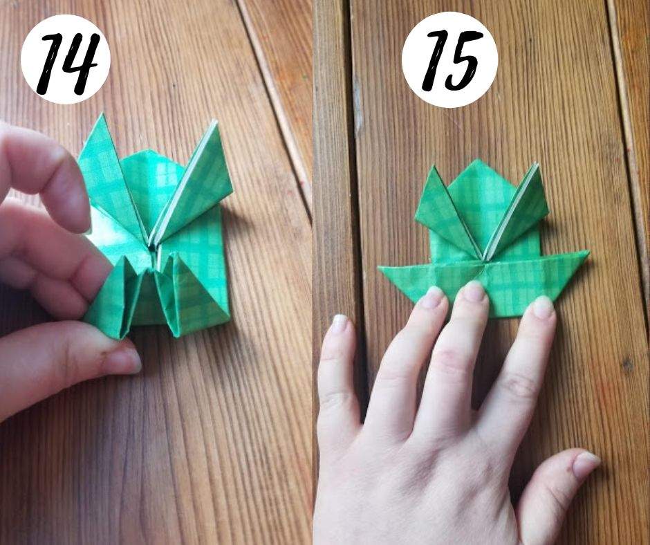 paper folding frogs, steps 14 and 15